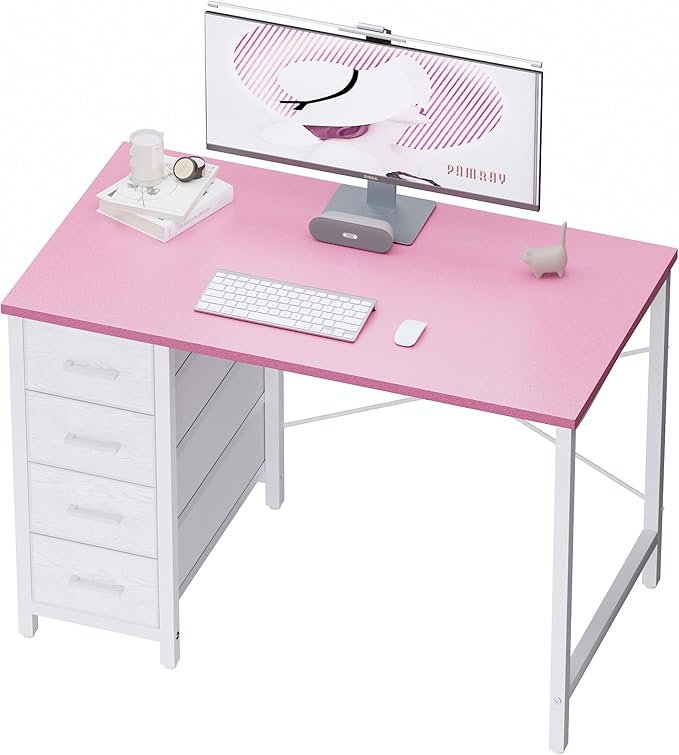 Pamray 32 Inch Computer Desk with 4 Drawers Small Office Desk for Home Bedroom Study Writing Simple Modern Computer Table Pink