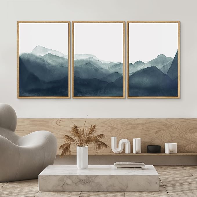 SIGNWIN Framed Canvas Print Wall Art Blue & Green Mountains in Fog Nature Wilderness Illustrations Modern Art Rustic Scenic Relax/Calm Cool for Living Room, Bedroom, Office - 16"x24"x3 Natural