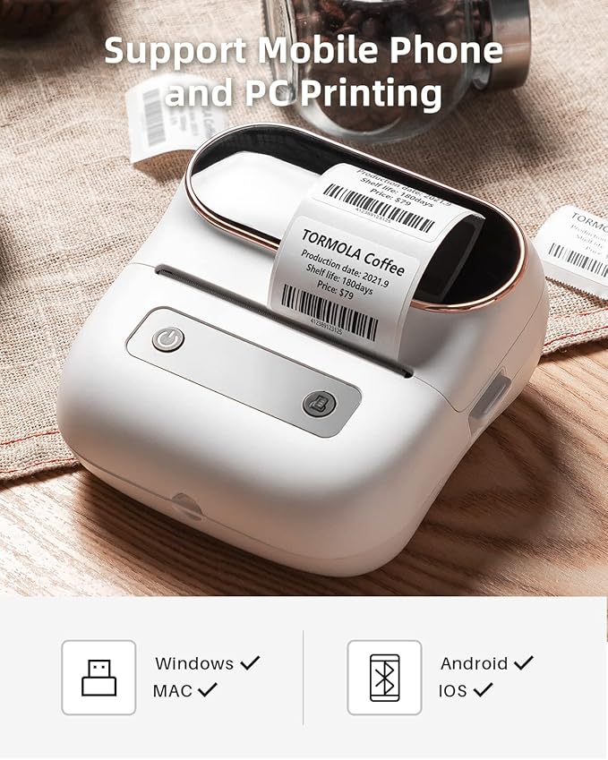 Phomemo M220 Label Maker White & 1 Roll Transparent Thermal Label 1.96"x1.18"(50x30mm), Upgrade 3 Inch Barcode Portable Printer, for Office & Small Business, Compatible with Phones&PC