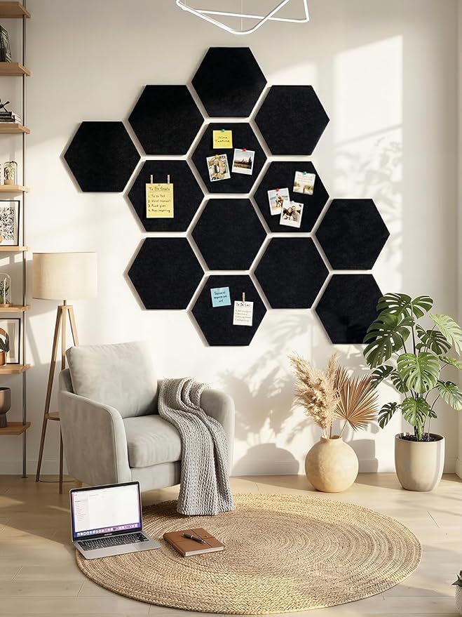 8 Pack Hexagon Felt Bulletin Board Tiles - 11.8" Large Thick Pin Board for Walls with 30 Push Pins, DIY Boards for Office Home School Decor, Aesthetic Hex Cork Board Alternative