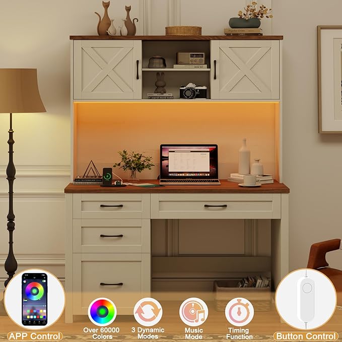 Farmhouse 67" H Executive Desk with Hutch,Computer Desk with 4 Drawers and LED light, Office table with Storage Cabinet & File Drawers and Charging Station, Workstation for Home Office and Study