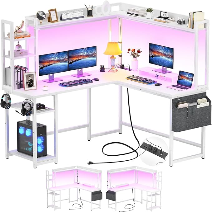 Aheaplus L Shaped Gaming Desk, Reversible L Shaped Desk with Power Outlet and Led Lights, Gaming Desk Corner Computer Desk with Hutch, Monitor Stand and Storage Bag for Home Office, White