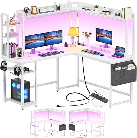 Aheaplus L Shaped Gaming Desk, Reversible L Shaped Desk with Power Outlet and Led Lights, Gaming Desk Corner Computer Desk with Hutch, Monitor Stand and Storage Bag for Home Office, White