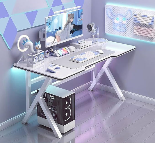 Large Gaming Desk, K-Shaped PC Gaming Table for Home Office, Ergonomic Computer Desk, Space-Saving, Easy Assembly (White 48 Inch)