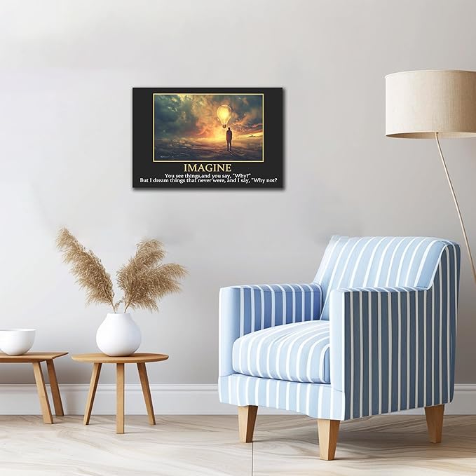 UZMKM - Inspirational Wall Art, Black Background Motivational Mindset Imagine Picture, Quote Saying Canvas Print for Home Office Decor, Company Poster Framed Artwork for Office Wall Decor 18x24 Inch