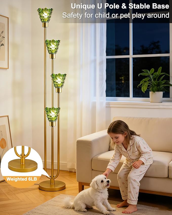 63IN 4-Lights Glass Floor Lamp Modern Dimmable Floor Lamps with Green Glass Shade& 3000K Soft Warm White Bulbs for Wedding/Party, Gold Tall Standing Lamp for Living Room/Bedroom