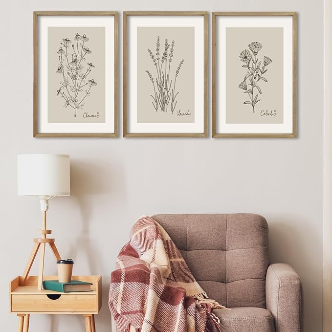 TQianJiang Vintage Botanical Wall Art 16"x11" Set Of 3 Wood Framed Wildflower Pictures Wall Decor for Bedroom Minimalist Wall Hanging (Wood)