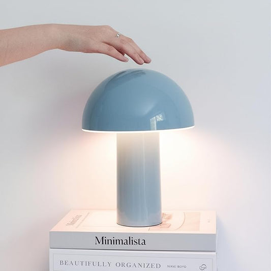 Brightech Celia Small Lamp – 10" Touch-Controlled Mushroom Table Lamp, Cordless & Dimmable LED, Portable & Rechargeable Bedside Night Light, Sustainable Recycled Modern Lamp for Home Décor, Light Blue