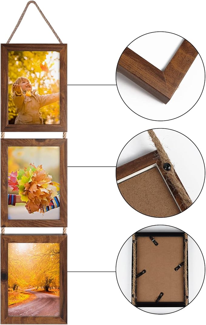 Lavezee 5x7 Collage Triple Picture Frames Set, Walnut Brown 6 Opening Hanging Vertical Frame Made to Display 5 by 7 Inch Photo Print for Wall Decor