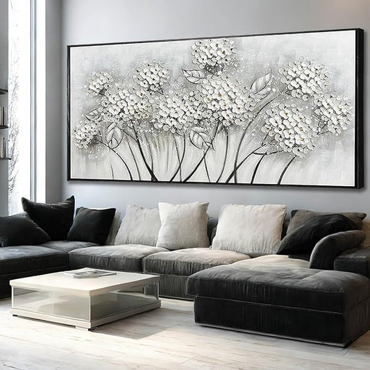 Kureful Grey and White Hand Painted Wall Art Flower Canvas Artwork Contemporary Oil Paintings 40"x86" Decorations for Bedroom Office