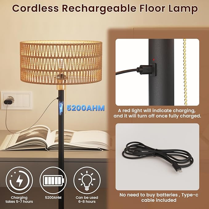 Cordless Rattan Floor Lamp with 3 Color Temperature, Dimmable Rechargeable Farmhouse Floor Lamp with Pull Cord Switch, Boho Tall Standing for Living Room, Includes 2 Bulbs