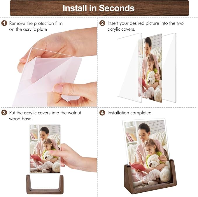 Mixoo 4x6 Picture Frame 2 Pack - Rustic Wood Picture Frames with Walnut Wooden Base and High Definition Break Free Acrylic Frame Covers for Desk Tabletop Display (4x6 inch, Vertical + Vertical)