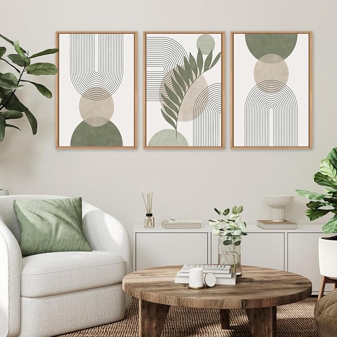 Framed Sage Green Boho Wall Art for Bedroom, Beige and Green 3 Piece Minimalist Artwork for Walls, Geometric Leaf Line Boho Small Paintings Prints for Hallway Kitchen Living Room Wall Decor, 12x16 In