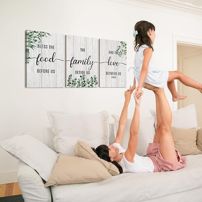 YOUHONG 3 Piece Family Wall Art Bless the Food Before us Wall Decor Kitchen Decor Farmhouse Blessed Wall Decor Kitchen Art for Dining Room (12''Wx16''Hx3PCS)