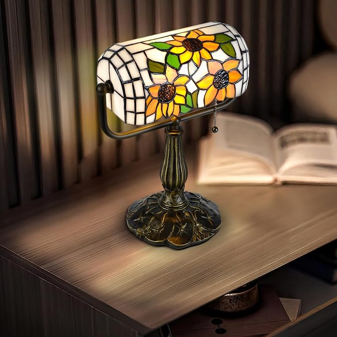 Tiffany Bankers Desk Lamp with Adjustable Shade, Sunflower Stained Glass Piano Light with LED Bulb, Handmade Vintage Tiffany Style Lamp for Office, Bedroom, or Home Décor.
