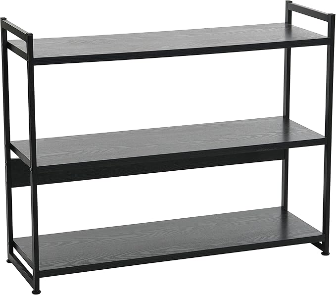 Household Essentials Jamestown Wide 3 Shelf Open Storage Bookshelf Black Oak Wood Grain and Black Metal