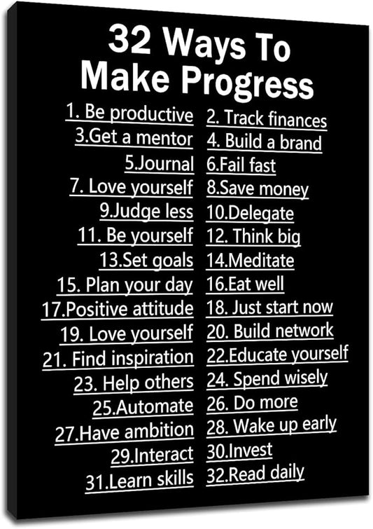 32 Ways To Make Progress Motivational Canvas Wall Art Office Decor Poster Inspiring Quotes Inspirational Print Painting Artwork for Home Living Room Gym Classroom Stretched and Framed [18''Wx24''H]