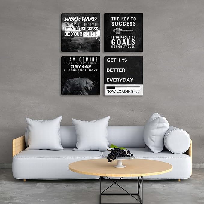Halioyo Motivational Wall Art Decor, 4 Panel Inspirational Canvas Prints, Positive Quotes Workspace Painting Posters for Living Room Bedroom Home Office Success Wall Art, 12x12-inch