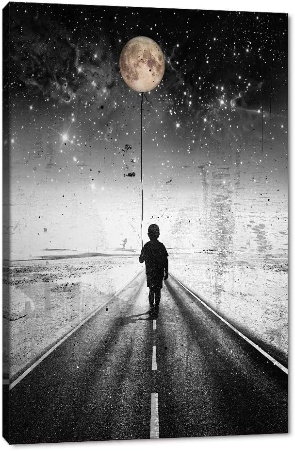 Yatsen Bridge The Road Inspirational Canvas Wall Art, Boy Walking in the Moonlight Canvas Picture Art Print, Modern House Wall Decorations Stretched and Framed Ready to Hang - 18x24 inches