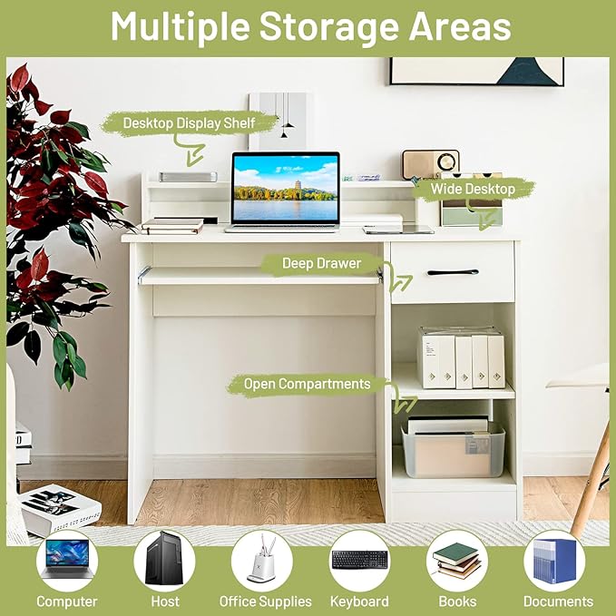 IFANNY Wooden Computer Desk, White Home Office Desk w/Drawers, Keyboard Tray, Open Shelves & Monitor Stand, Modern Writing Desk, Compact Computer Desk for Small Spaces (White)