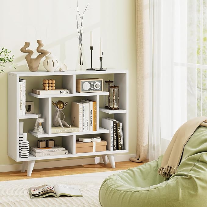 Tangkula Geometric Bookshelf, 3 Tier Modern Freestanding Open Bookcase with Anti-Tipping Devices & Legs, Home Office Decorative Storage Organizer Display Shelf for Living Room Study (White)