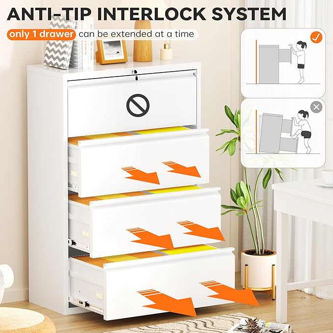 INTERGREAT 4 Drawer File Cabinet, Metal Lateral Filing Cabinet for Home Office, Locking Horizontal File Cabinets for Hanging Files Letter/Legal/F4/A4 (White)