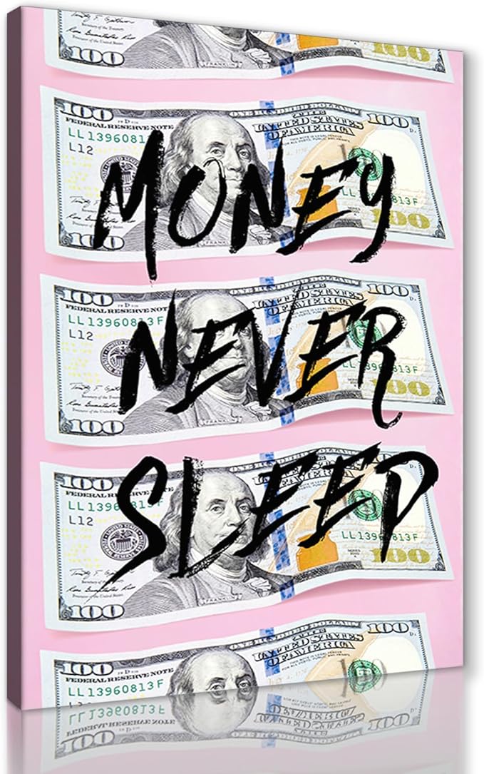Money Never Sleep Wall Art - Modern Pink Background with Dollar Bill Prints Inspirtaional Quote Poster Motivational Wall Decor for Office Home Bedroom Living Room, Framed Large 28"x44"