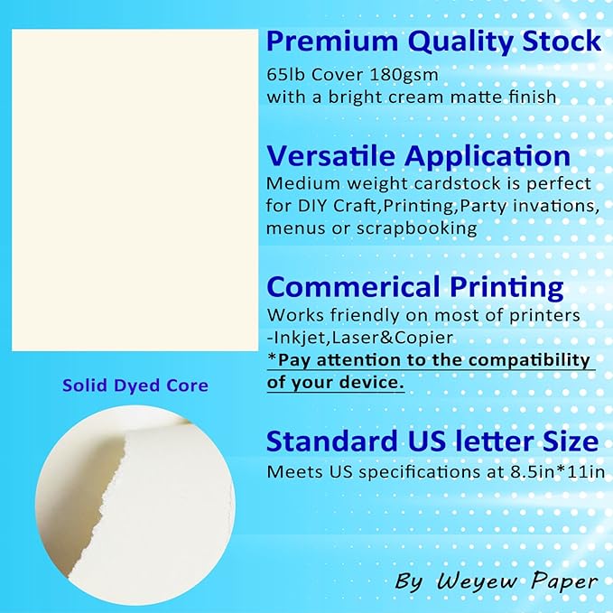 100 Sheets 65lb Cream Cardstock, 8.5" x 11", Printer Off-White Paper for DIY Craft Card Making Premium Card Stock Blank Invitation Paper Greeting Cards, 65LB Cover 180 GSM