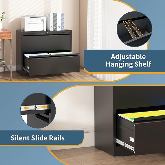 2 Drawer File Cabinet with Lock, Lateral Filing Cabinets,Metal Storage Filing Cabinets for Home Office, Heavy Duty File Cabinet for Letter/Legal/A4/F4 Size Amsseble Required, Black