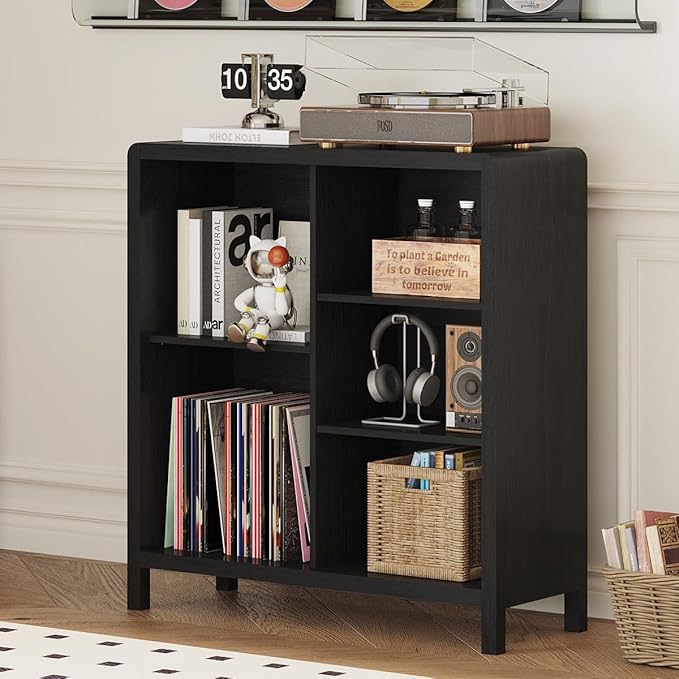 FATORRI 5 Cube Bookshelf, Wood Bookcase with 3 Adjustable Shelves, Farmhouse Cube Storage Organizer Shelf for Small Space Bedroom Living Room (Black)