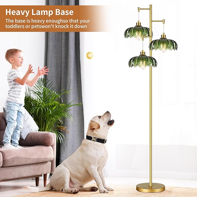Glass Gold Floor Lamp for Living Room,Bedroom,Mid Century Modern Standing Lamp Brass Tree 3 Light Tall Floor Lamps Vintage Retro Floor Lights Green Flower Lamp Shade Farmhouse Boho Bohemian