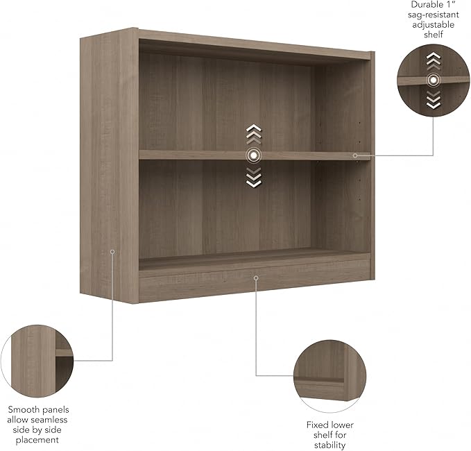 Bush Home Universal Small 2 Shelf Bookcase in Ash Gray, Low Storage and Display Bookshelf for Home Office or Living Room Organization