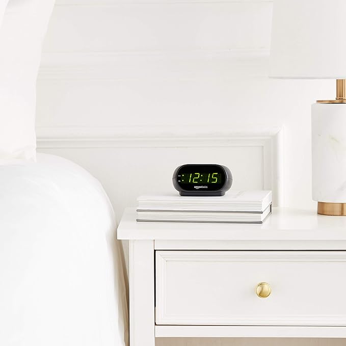 Amazon Basics Small Digital Oval Alarm Clock with LED Display, Nightlight, Snooze Function & Battery Backup, Black, 4.5 x 3.5 x 2.4 Inches