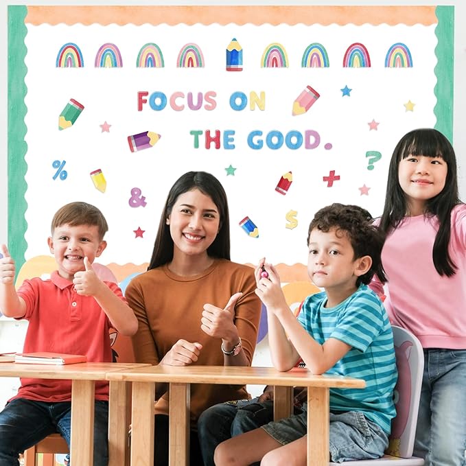 Kosiz Colorful Watercolor Bulletin Board Decoration Set 118 ft Scalloped Bulletin Board Borders Classroom Poster Border Trim with 257 Pcs Letter Number Symbol Cutout for School Decor