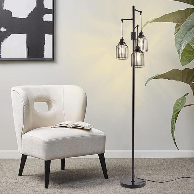 Dimmable Floor Lamp for Living Room, Farmhouse Floor Lamps with Elegant Hanging Cage, 3 x LED Edison Bulbs Included, 68.5" Industrial Standing Light for Bedroom Office Home Decor (Black)