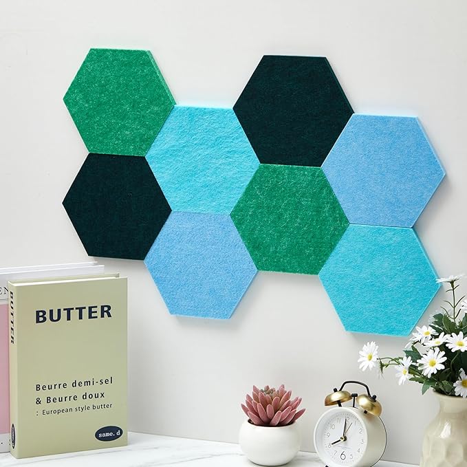 16 Pcs Hexagon Cork Board for Walls with 50 Wooden Push Pins 6.7 x 5.9 in Felt DIY Tiles Notice with Nano Tape Hanging Bulletin Board for Home Photo Office Memo Note(Turquoise)