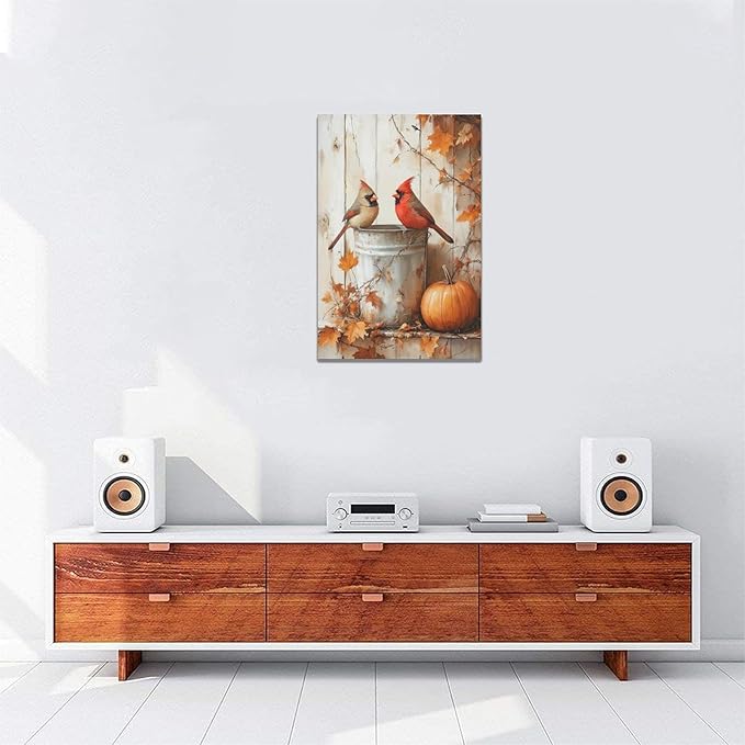 Fall Cardinal Wall Art Autumn Pumpkin Leaf Pictures Wall Decor Cardinals Canvas Painting Modern Artwork Home Decoration for Living Room Bathroom Bedroom Office Framed 16"x24"