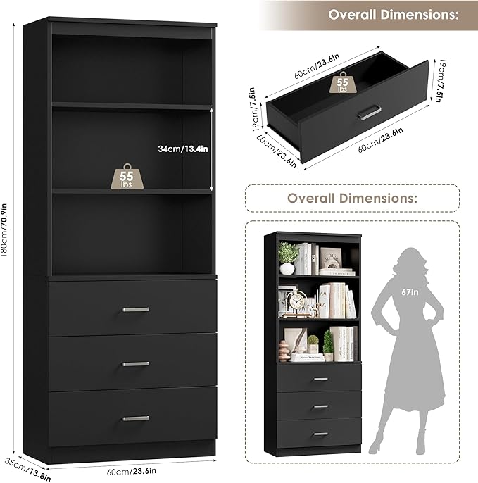 FOTOSOK 71“H Black Bookshelf with Drawers, Bookshelf and Bookcase with 3-Tier Open Shelves, Tall Bookcase Tall Storage Cabinet for Home Office