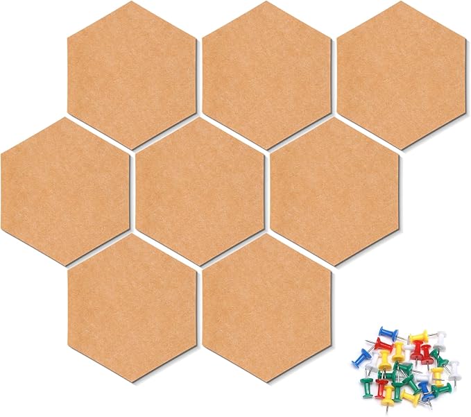 Bulletin Board Hexagon Pin Board 8 Pack, Felt Board Tiles 20 Push Pins Alternative to Cork Board for Wall Damage-Free, Decorative Notice Board Memo Board for Home Office School