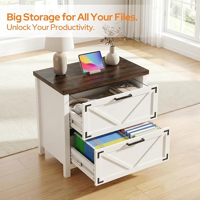 2 Drawers Lateral File Cabinet for Home Office,Farmhouse Wood File Storage Cabinets for Letter/Legal/A4 Size Hanging Files, White