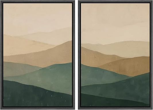 SIGNWIN Framed Canvas Print Wall Art Set Green and Beige Abstract Mountain Landscape Illustrations Modern Art Minimal Boho Relax/Calm for Living Room, Bedroom, Office - 24"x36"x2 Black