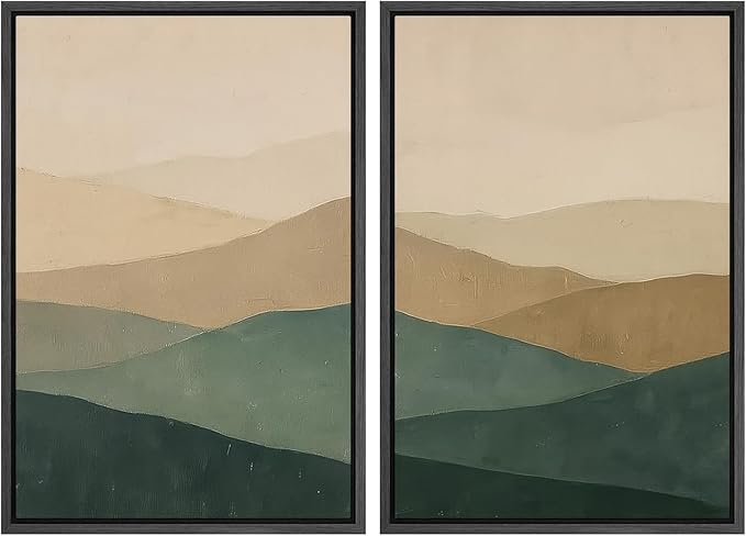 SIGNWIN Framed Canvas Print Wall Art Set Green and Beige Abstract Mountain Landscape Illustrations Modern Art Minimal Boho Relax/Calm for Living Room, Bedroom, Office - 16"x24"x2 Black