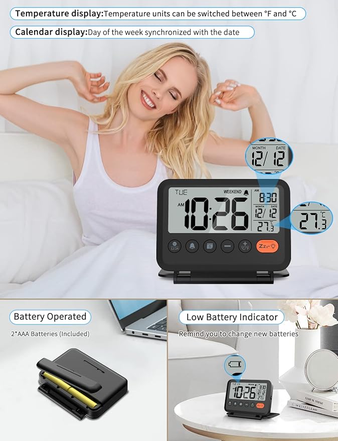 Digital Travel Alarm Clock, Black, 3.54 inch LCD Display, 9-Minute Snooze, 2 Volume Levels, Backlight, Battery Included