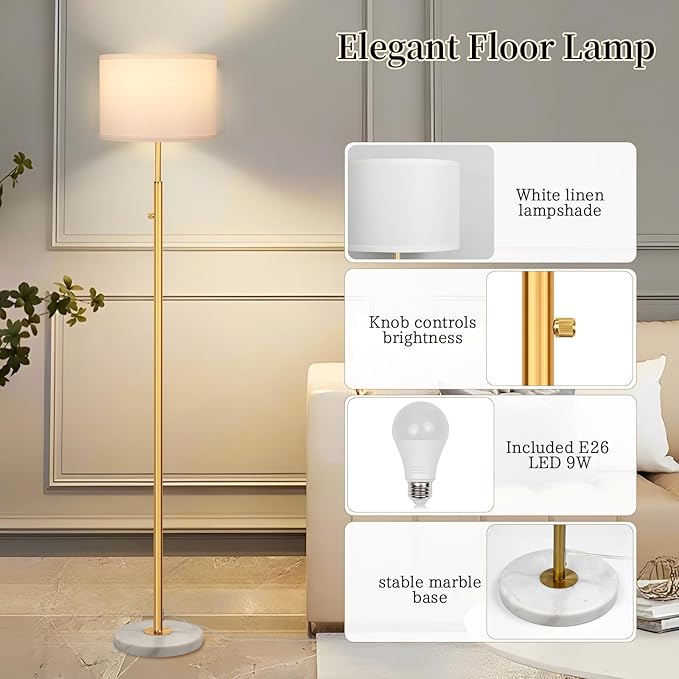 Gold Marble Floor Lamp, Dimmable Tall Standing Lamp with White Linen Shade, 63.7" Modern Gold Floor Lamp for Living Room Bedroom Office, 9W LED Bulb Included