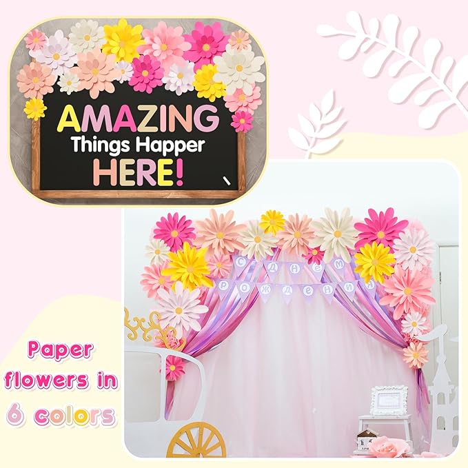 18 Pcs Paper Flowers Decorations for Wall DIY Flower Bulletin Board 3D Fiesta Paper Floral Backdrop Decoration for Photo Backdrop Classroom Back to School Party(Elegant Colors)