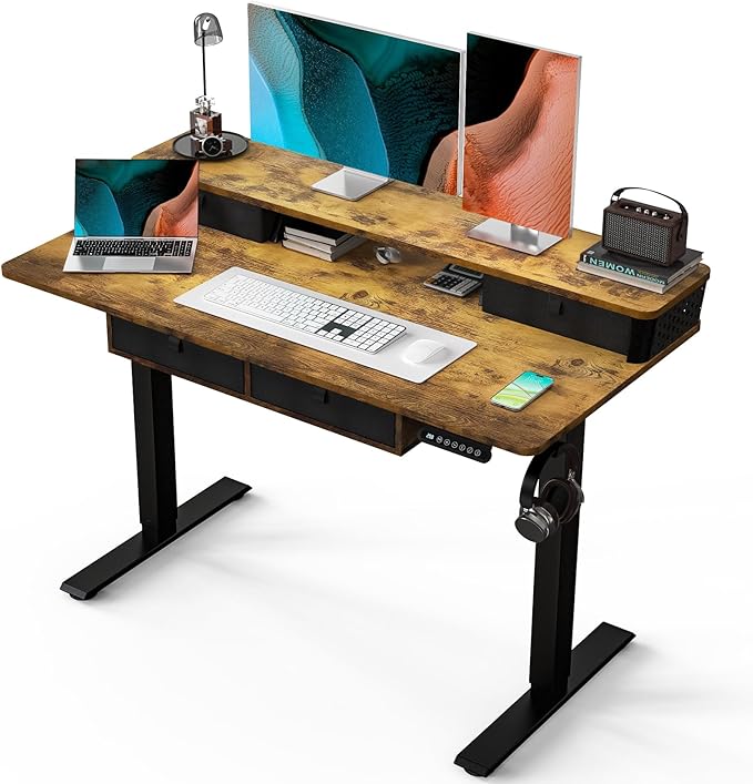Kingant 48 x 24 Inch Electric Standing Desk with 4 Drawers, Height Adjustable Sit to Stand Computer Desk with Storage Shelf and C-Clamp Mount Compatibility for Home Office, Rustic Brown