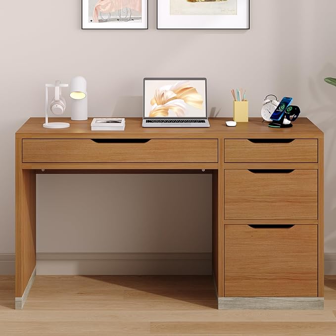 Small Desk with Drawers, 52 Inch Computer Desk with Storage, Home Office Desk with Filing Drawer for Bedroom, Brown