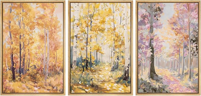 SIGNWIN Framed Canvas Print Wall Art Set Golden Autumn Forest Watercolor Woodland Path Illustrations Modern Art Decorative Abstract for Living Room, Bedroom, Office - 24"x36"x3 Natural