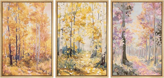 SIGNWIN Framed Canvas Print Wall Art Set Golden Autumn Forest Watercolor Woodland Path Illustrations Modern Art Decorative Abstract for Living Room, Bedroom, Office - 24"x36"x3 Natural