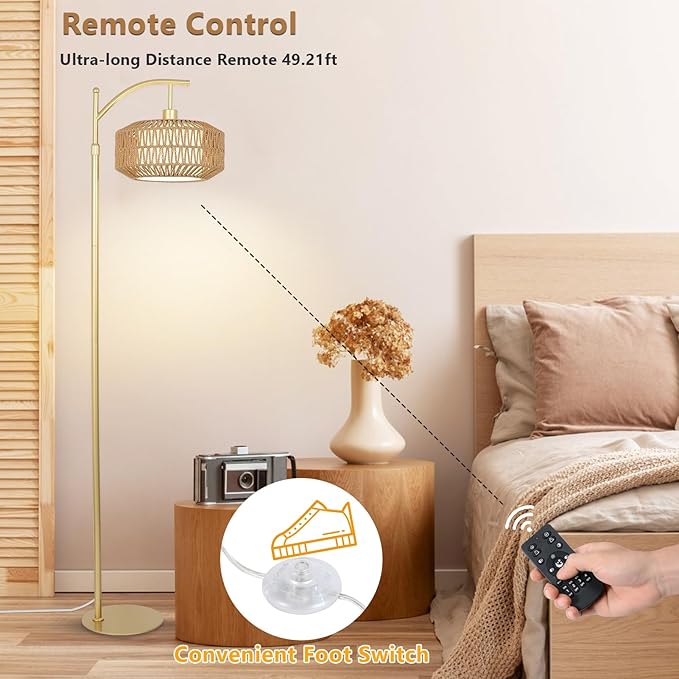 Arc Gold Floor Lamp with Remote and LED Bulb, Dimmable Floor Lamps for Living Room with Rattan and Fabric Shades, Boho Tall Lamp with 3 Color Temperatures, Corner Standing Lamps for Bedroom